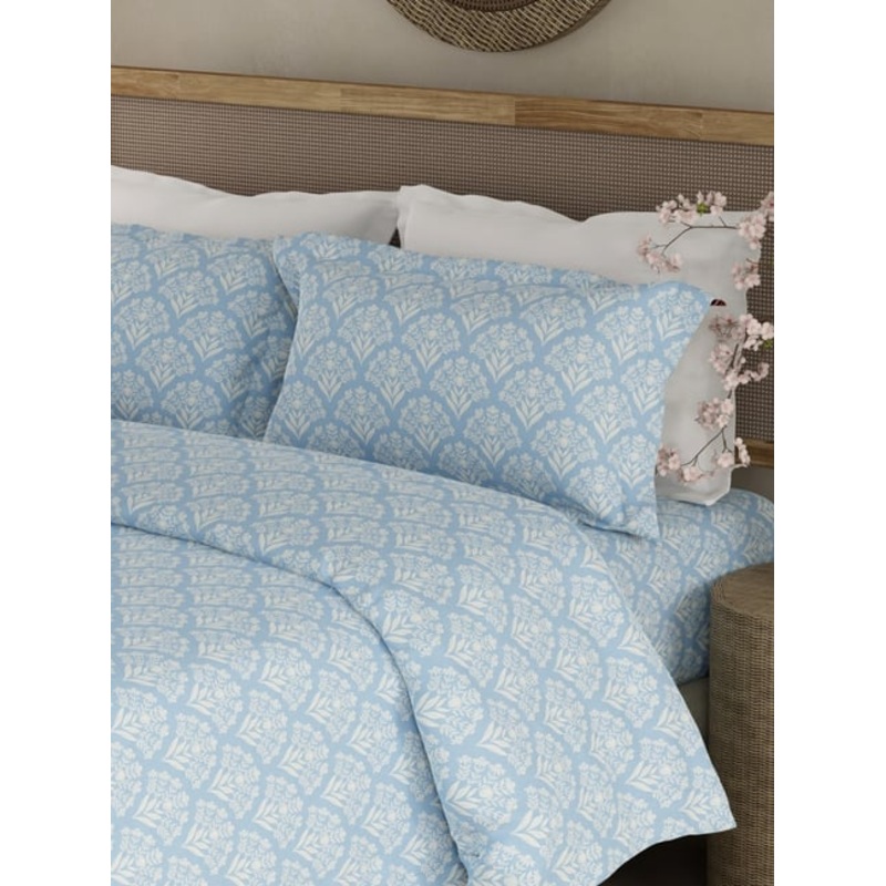 Boutique Living Cottage Garden Blue & White Cotton Floral 300 TC King Bedsheet with 2 Pillow Covers