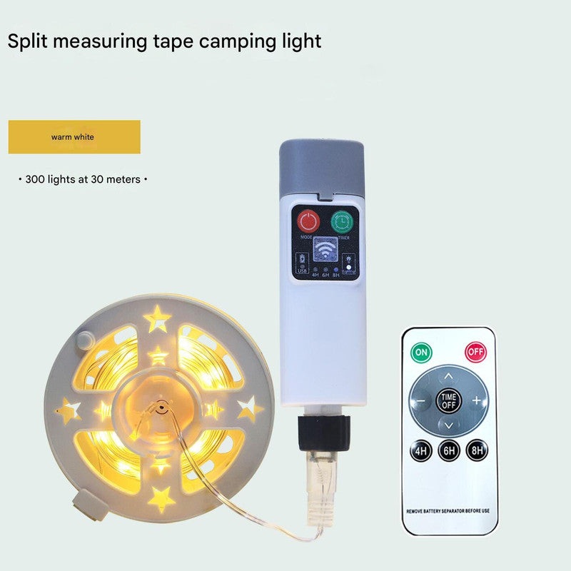 (300 lights warm white at 30 meters) Camping tent light kit – rechargeable power bank, spool light string, remote control