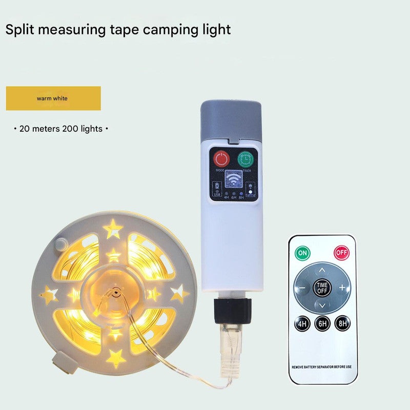 (200 lights warm white at 20 meters) Camping tent light kit – rechargeable power bank, spool light string, remote control