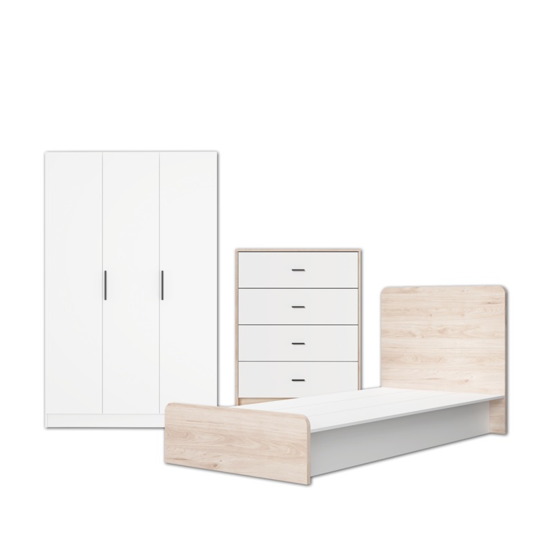 (Combo Bedroom Set) Melamine Combo Bedroom Set Chest Drawer Single Bed Frame Headboard Wardrobe White + Oak Set Perabot